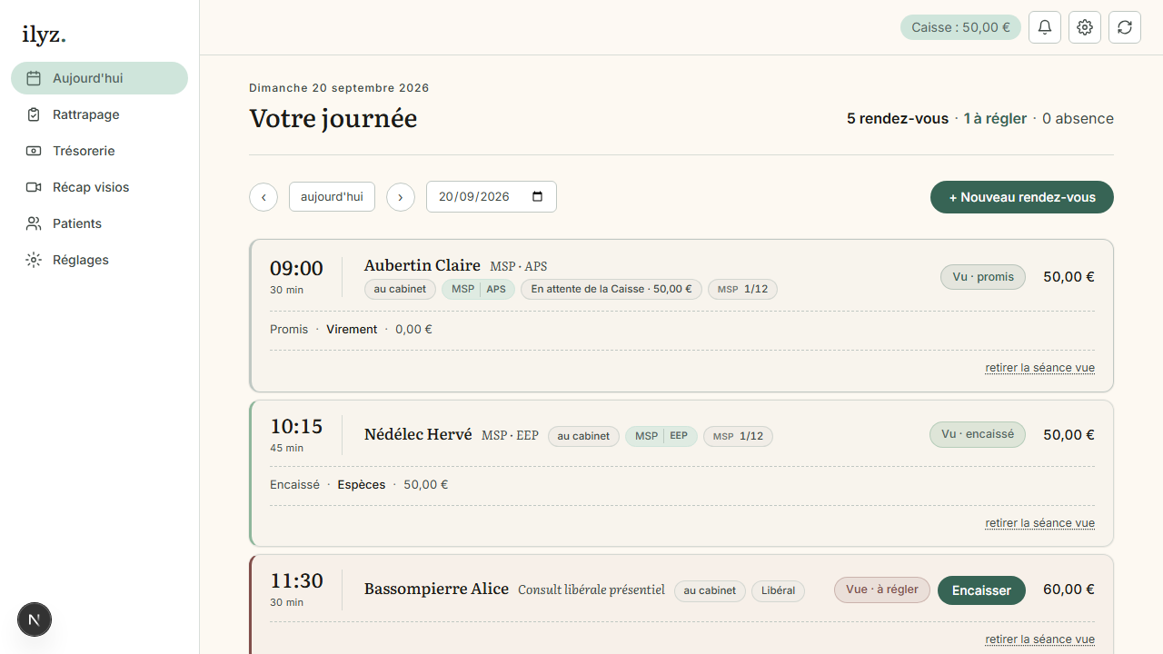 Écran Votre journée d’Ilyz : rendez-vous, type de consultation et état du règlement pour des patients fictifs.