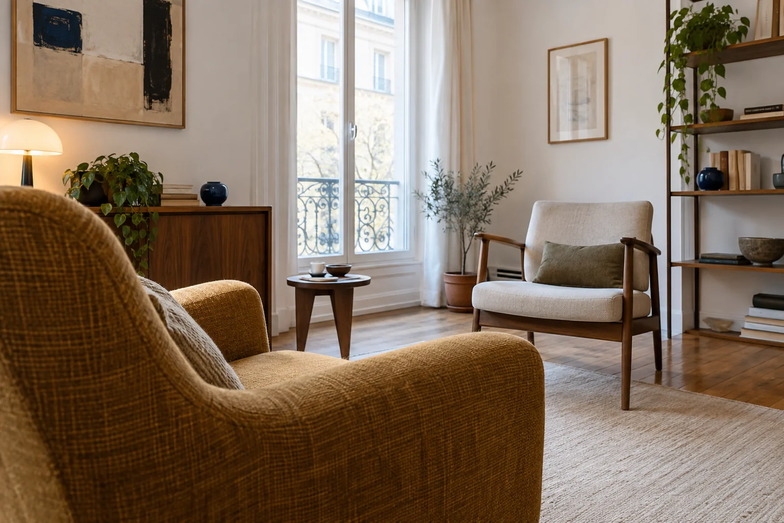 Photographie d’illustration d’un cabinet de psychologie lumineux, avec deux fauteuils.